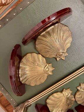 Vintage MCM regency Brass Shell Wall Hooks with Mahogany Mounts